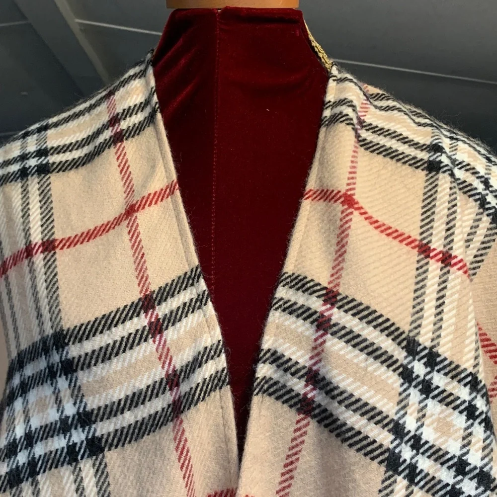 Classic Plaid Fringe Wrap Cape - Cream, Black & Red